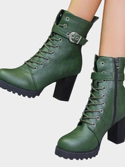 Evelyn | Markante Combat-Stiefeletten mit Schnürung und Blockabsatz – Grün