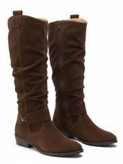 Zara | Elegante kniehohe Slouch-Stiefel mit niedrigem Blockabsatz – Dunkelbraun