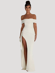 Benedikta | Damen Off Shoulder Elegantes Maxikleid – Weiß