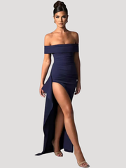 Benedikta | Damen Off Shoulder Elegantes Maxikleid – Marineblau
