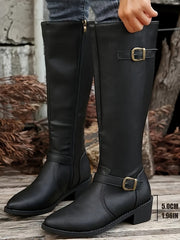 Calixta | Damen kniehohe Stiefel mit Doppelschnallen – Schwarz