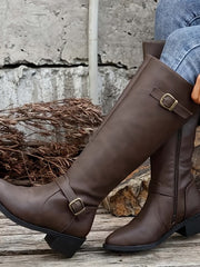 Calixta | Damen kniehohe Stiefel mit Doppelschnallen – Dunkelbraun