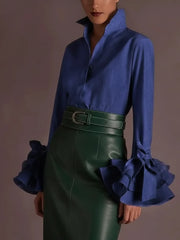 Elegante Bluse Damen mit modernen Volantärmeln – Blau