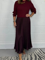 Jette | Damen Strickkleid Midi mit Plisseerock – Weinrot