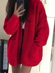 Brunike | Damen Oversize Strickjacke mit Knopfleiste – Rot