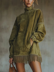 Vera | Damen Fransensaum Strickkleid Oversized – Grün