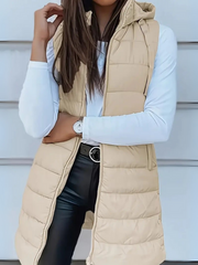 Brunora | Damen Lange Steppweste mit Kapuze – Beige