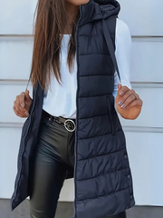 Brunora | Damen Lange Steppweste mit Kapuze – Dunkelblau