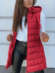 Brunora | Damen Lange Steppweste mit Kapuze – Rot