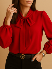 Damen-Bluse mit Schleife und langen Ärmeln – Rot