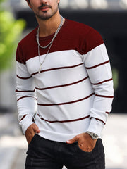 Corvald | Herren Gestreifter Rundhals Strickpullover – Bordeaux