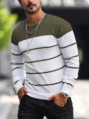 Corvald | Herren Gestreifter Rundhals Strickpullover – Olivgrün