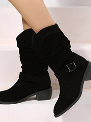 Astrid | Weiche Kniehohe Kunstwildlederstiefel mit Blockabsatz – Black