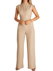 Damen Ärmelloser Jumpsuit mit Weitem Bein – Beige