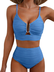 Damen-Bikini mit strukturierter Oberfläche und U-förmigem Metallelement – Blau