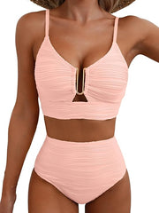 Damen-Bikini mit strukturierter Oberfläche und U-förmigem Metallelement – Babyrosa