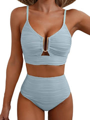 Damen-Bikini mit strukturierter Oberfläche und U-förmigem Metallelement – Hellblau