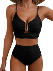 Damen-Bikini mit strukturierter Oberfläche und U-förmigem Metallelement – Schwarz