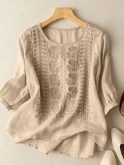Johanna | Damen Bluse Bestickt 3/4 Ärmel Baumwolle Locker – Beige
