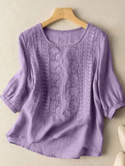 Johanna | Damen Bluse Bestickt 3/4 Ärmel Baumwolle Locker – Lila