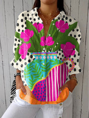 Johanna | Damen Bluse Blumenvase Print V-Ausschnitt Locker – Mehrfarbig