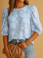 Damen-Bluse mit Blumenmuster, Puffärmeln und Rundhalsausschnitt – Blau