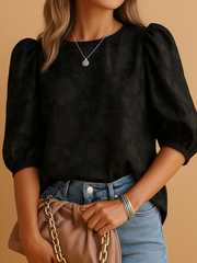 Damen-Bluse mit Blumenmuster, Puffärmeln und Rundhalsausschnitt – Schwarz