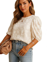 Damen-Bluse mit Blumenmuster, Puffärmeln und Rundhalsausschnitt – Weiß