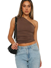 Damen-Bluse mit einseitiger Schulter und Raffungen – Braun