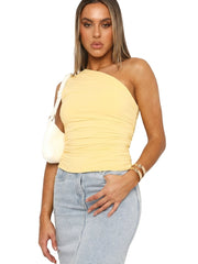 Damen-Bluse mit einseitiger Schulter und Raffungen – Gelb