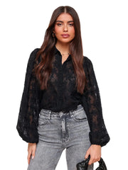 Damen-Bluse mit floraler Stickerei, transparentem Gewebe und Ballonärmeln – Schwarz