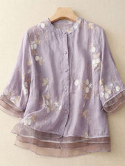Damen Bluse mit Knopfleiste, Rundhalsausschnitt und floraler Struktur – Lila