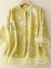 Damen Bluse mit Knopfleiste, Rundhalsausschnitt und floraler Struktur – Gelb
