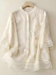 Damen Bluse mit Knopfleiste, Rundhalsausschnitt und floraler Struktur – Weiß