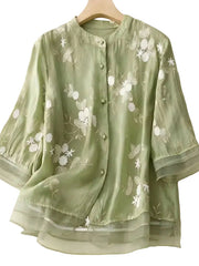 Damen Bluse mit Knopfleiste, Rundhalsausschnitt und floraler Struktur – Grün