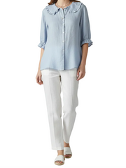 Damen Bluse mit Knopfleiste, Rundkragen und gerafften Ärmeln – Blau