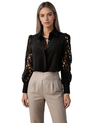 Damen-Bluse mit Knopfleiste und Ärmeln mit Durchbruchmuster – Schwarz