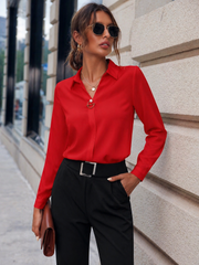 Damen Bluse mit Kragenausschnitt, langen Ärmeln und Knopfleiste – Rot