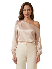 Damen-Bluse mit One-Shoulder-Ausschnitt und Ballonärmeln – Beige