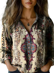 Damen Bluse mit Ornamentdruck und Knopfleiste – Beige