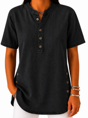 Damen Bluse mit Rundhalsausschnitt und Knopfleiste – Schwarz