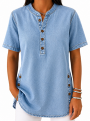 Damen Bluse mit Rundhalsausschnitt und Knopfleiste – Hellblau