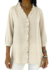Damen-Bluse mit Rüschenbesatz und 3/4-Ärmeln – Rohweiß