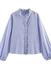 Damen-Bluse mit Rüschendetails und elastischen Ärmelbündchen – Hellblau