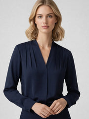 Damen-Bluse mit V-Ausschnitt, Falten-Details und Knopfmanschetten – Dunkelblau