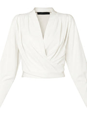 Damen-Bluse mit V-Ausschnitt, Wickeloptik und Puffärmeln – Weiß