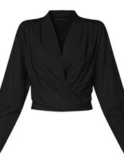 Damen-Bluse mit V-Ausschnitt, Wickeloptik und Puffärmeln – Schwarz