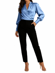 Damen-Bluse mit V-Ausschnitt, Wickeloptik und Puffärmeln – Blau