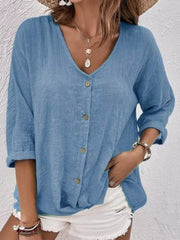 Emilia | Damen Bluse V-Ausschnitt Dreiviertelarm Baumwolle – Stahlblau