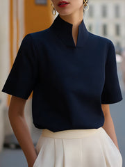 Marlene | Damen Business Stehkragen Kurzarm Bluse – Marineblau